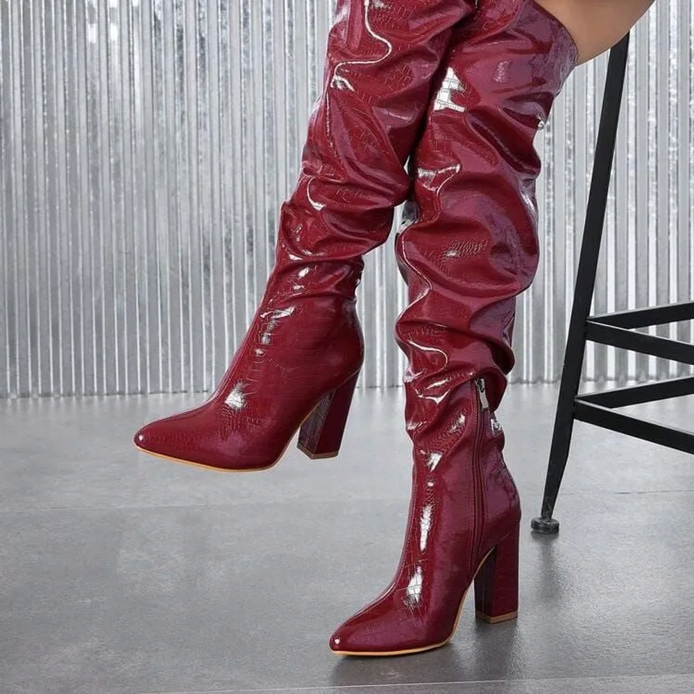Wine Patent Over-Knee Boot